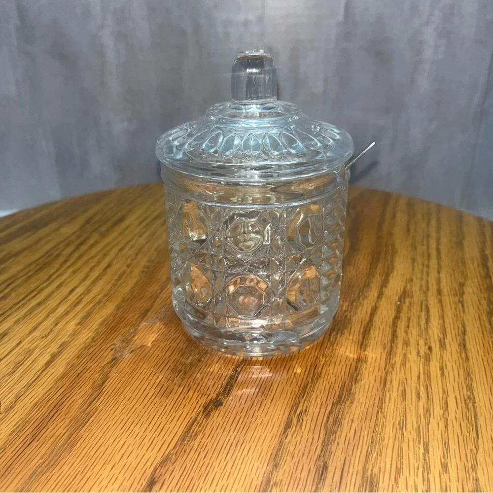 Vintage Federal Glass Clear Sugar Bowl Jam Jar w/Lid & spoon Button & Cane